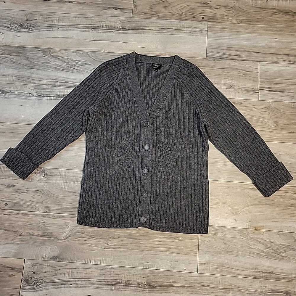 TALBOTS‎ Cardigan Sweater Womens Large Gray Merino Wool Chunky Cable Knit